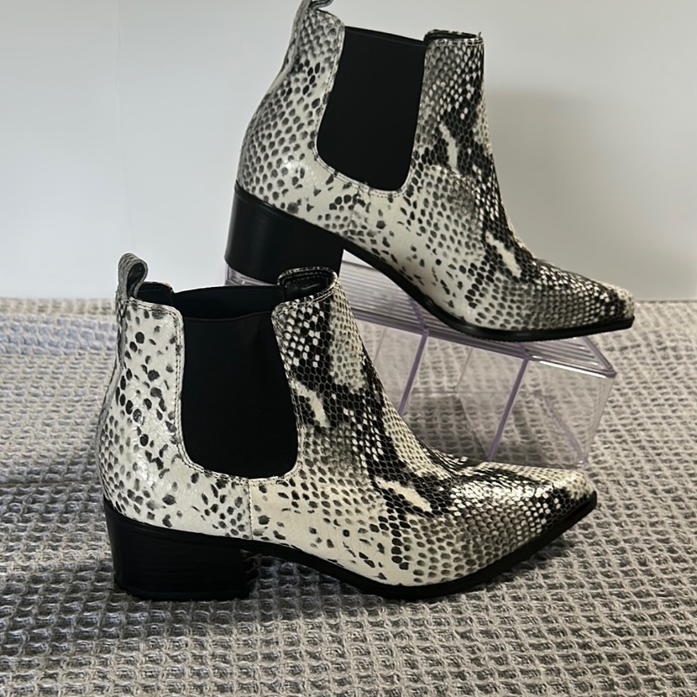 Blondo Black and White Ankle Boots with Snake Print
